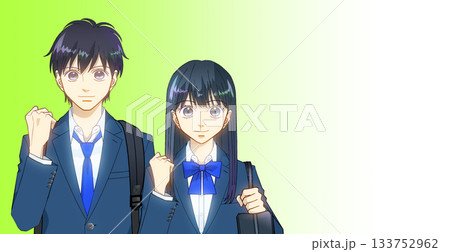 リュックとスクールバッグを持つ高校生または中学生の男女のアニメ風イラスト、グラデーション背景 リュックとスクールバッグを持つ高校生または中学生の男女のアニメ風イラスト、グラデーション背景 133752962