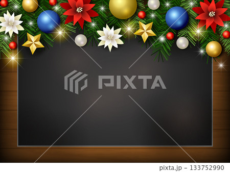 クリスマス背景、黒板、玉飾り、キラキラ、かわいい、イラスト、横 133752990