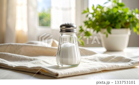 塩の入ったソルトシェーカーと布の上のナチュラルなキッチン風景 133753101