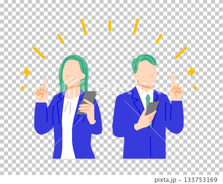 明るくポジティブな表情のスマホを持ったビジネスパーソンの男女のイラスト。フラットデザイン。 133753169
