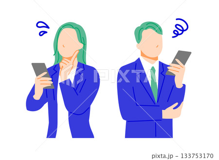 困っている表情のスマホを持ったビジネスパーソンの男女のイラスト。フラットデザイン。 133753170