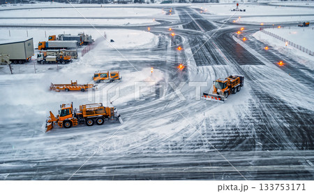 Snowplows clearing snow on airport runway during winter, ensuring safe travel 133753171