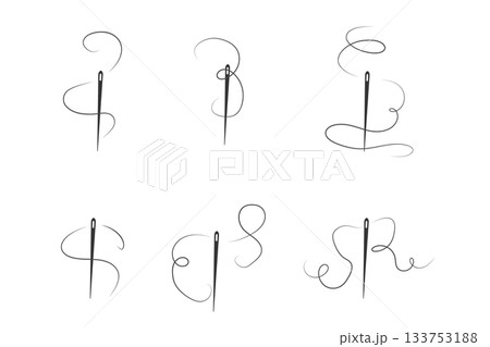 Elegant needle with thread. Needle symbol and curved thread, tailor and shoemaker needlework tool, sewing element. Small tattoo, print for clothes Elegant needle with thread. Needle symbol and curved thread, tailor and shoemaker needlework tool, sewing element. Small tattoo, print for clothes 133753188