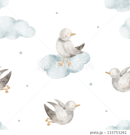 Pattern seagulls flying in clouds. Watercolor illustrations birds, doves, seabirds hand-drawn in nautical children's style. Isolated background for fabric design clothing textiles wallpaper postcards Pattern seagulls flying in clouds. Watercolor illustrations birds, doves, seabirds hand-drawn in nautical children's style. Isolated background for fabric design clothing textiles wallpaper postcards 133753261