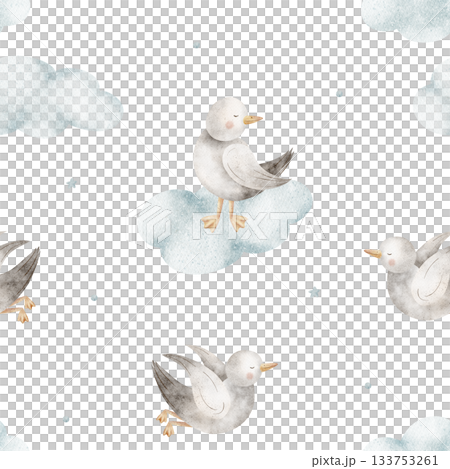 Pattern seagulls flying in clouds. Watercolor illustrations birds, doves, seabirds hand-drawn in nautical children's style. Isolated background for fabric design clothing textiles wallpaper postcards Pattern seagulls flying in clouds. Watercolor illustrations birds, doves, seabirds hand-drawn in nautical children's style. Isolated background for fabric design clothing textiles wallpaper postcards 133753261