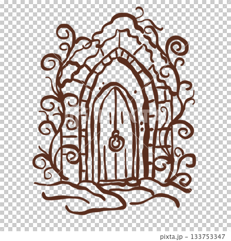 mystical winter ivy gate opening into a hidden castle realm with swirling vines and ancient magic atmosphere 133753347