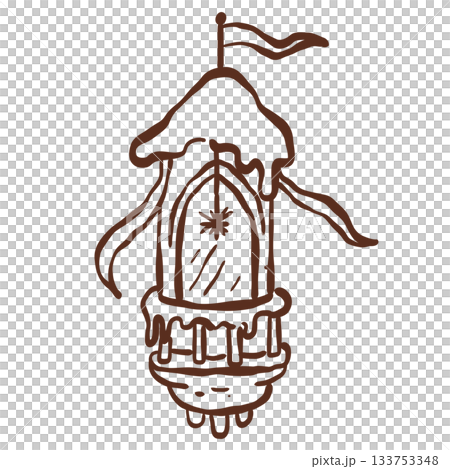 Snow covered tower lantern glowing softly with dreamy winter magic and gentle fairy tale charm floating above the cozy castle landscape 133753348