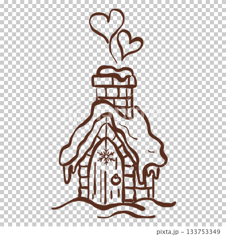 Snow Covered Cozy Cottage with Heart Shaped Chimney Smoke Winter Castlecore Fantasy Line Art 133753349