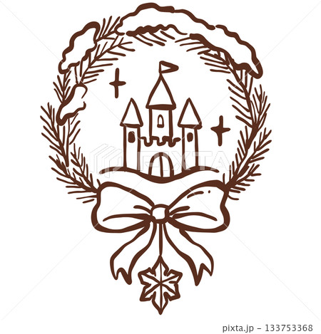 winter castle crowned with snowy wreath and festive bow creating a magical cozy holiday fairytale charm 133753368