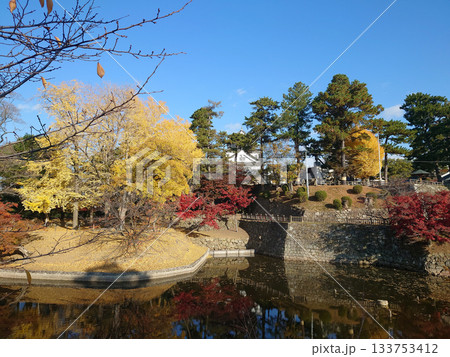 Castle park in autumn / 快晴の秋晴れの早朝に落葉の進む城址公園の外堀の風景 133753412