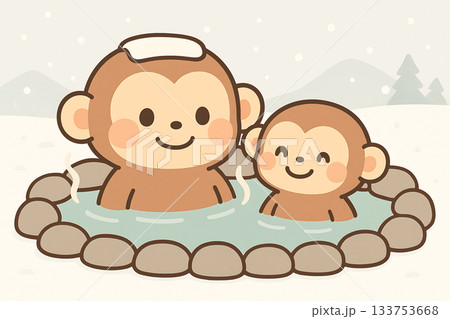 温泉　猿　冬　雪景色 133753668