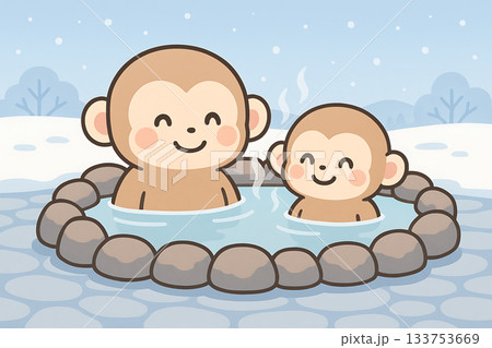 温泉　猿　冬　雪景色 133753669