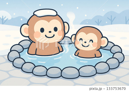 温泉　猿　冬　雪景色 133753670