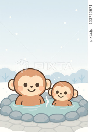温泉　猿　冬　雪景色 133753671