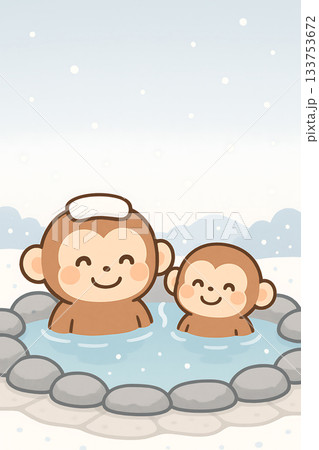 温泉　猿　冬　雪景色 133753672
