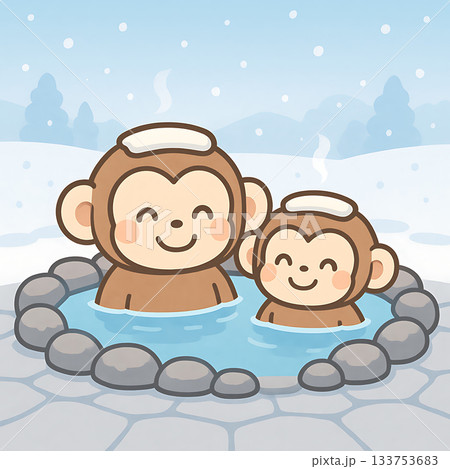 温泉　猿　冬　雪景色 133753683