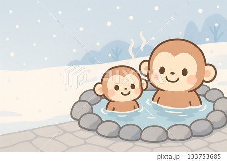 温泉　猿　冬　雪景色 133753685