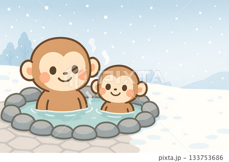温泉　猿　冬　雪景色 133753686