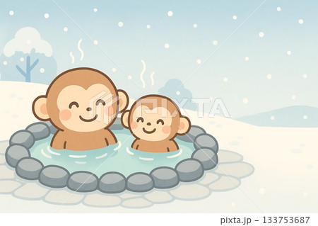 温泉　猿　冬　雪景色 133753687