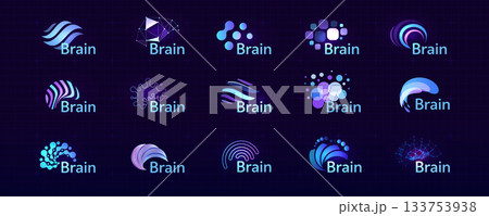 Brain Logo Icon Smart Digital Transformation Symbol AI Artificial Intelligence Computer Neural Science Research Technology. Abstract Creative Future Brains Set Logos Purple Color. Vector Illustration 133753938