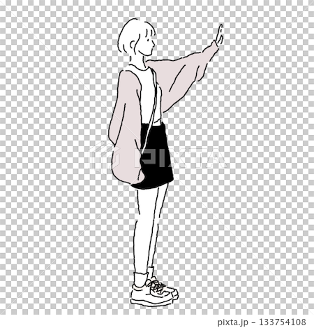 A woman raising one hand to greet someone. Casual fashion color illustration A woman raising one hand to greet someone. Casual fashion color illustration 133754108