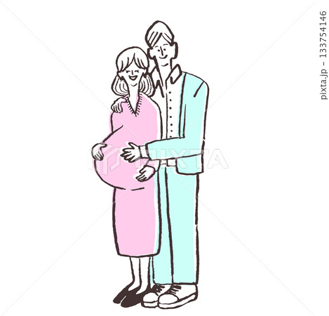 妊婦さんのお腹に手を添えて笑顔で寄り添う夫婦のイラスト 133754146