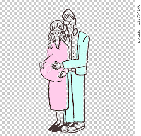 插圖描繪了一對面帶微笑的夫婦依偎在一起，雙手放在孕婦的肚子上。 133754146