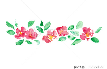 椿の和風年賀状フレーム。水彩画。水彩タッチのベクター和風背景。 133754386