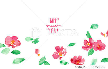 椿の和風年賀状フレーム。水彩画。水彩タッチのベクター和風背景。 133754387