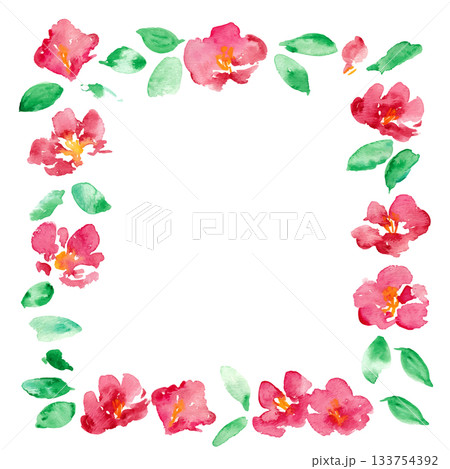 椿の和風年賀状フレーム。水彩画。水彩タッチのベクター和風背景。 133754392