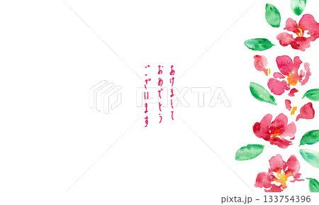 椿の和風年賀状フレーム。水彩画。水彩タッチのベクター和風背景。 133754396