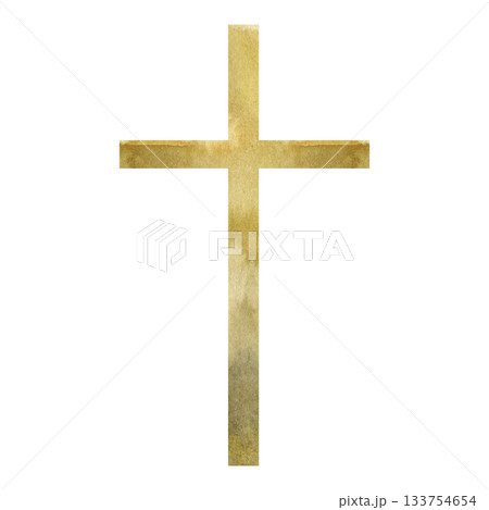 Watercolor golden cross symbol with soft textured shades. Elegant Christian illustration suitable for religious designs, Easter cards, church materials, inspirational prints and spiritual artwork. 133754654
