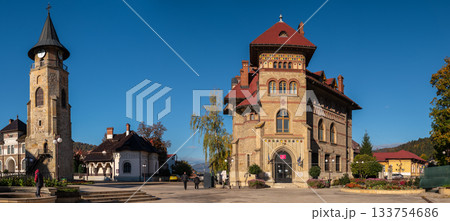 Piatra Neamt historic twin buildings under crisp blue sky Piatra Neamt historic twin buildings under crisp blue sky 133754686