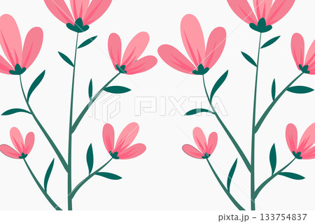 Floral Background with Pink Flowers and Green Stems in Flat Design 133754837