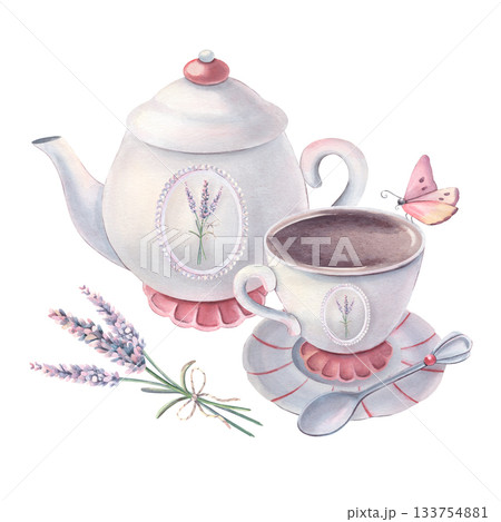 Ceramic tea set with cameos, teapot, spoon, lavender. Hand-painted watercolor illustration isolated on white for print, poster, invitation, coffee, tableware branding, card, textile, decor, design Ceramic tea set with cameos, teapot, spoon, lavender. Hand-painted watercolor illustration isolated on white for print, poster, invitation, coffee, tableware branding, card, textile, decor, design 133754881