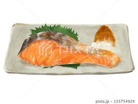 リアルな焼き鮭の切り身盛り付け(皿・大根おろし・大葉) リアルな焼き鮭の切り身盛り付け(皿・大根おろし・大葉) 133754929