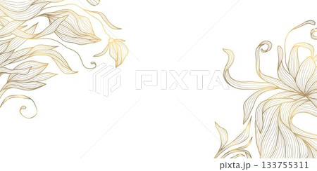 Luxury vector golden floral line art background featuring elegant flowers, delicate leaves, modern oriental style. Premium wedding invitations 133755311