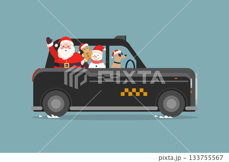 Christmas Cute Santa Claus and Snowman on British Taxi car. 133755567