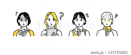 スマホやタブレットなどのデジタル機器を見て困る中年女性のシンプルなアイコンセット 133755802