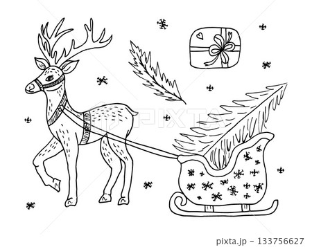 A deer pulling a sleigh with a Christmas tree and a gift. Concept for decorating a holiday card for the winter season. Christmas illustrations in the doodle style. Elements of holiday decoration. A deer pulling a sleigh with a Christmas tree and a gift. Concept for decorating a holiday card for the winter season. Christmas illustrations in the doodle style. Elements of holiday decoration. 133756627