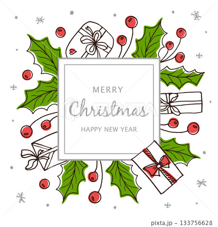 Christmas frame with holly berries, gifts, and snowflakes. Holiday card design with traditional winter elements for celebration. New Year background with space for text. Square template for greetings Christmas frame with holly berries, gifts, and snowflakes. Holiday card design with traditional winter elements for celebration. New Year background with space for text. Square template for greetings 133756628
