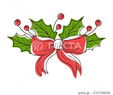Red Christmas doodle bow with green holly leaves and red berries. Holiday decoration element for greeting cards and invitations. Decorative Christmas decoration. Colorful wreath for design. 133756630