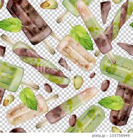 Chocolate, vanilla and pistachio popsicles. Mint leaves, nuts and candy dragee. Isolated seamless pattern illustration hand drawn in watercolor. Ice cream scrapbooking, snack menu, foodie background 133756949