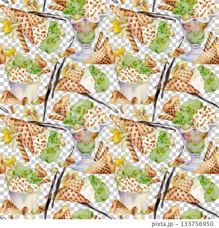 Pistachio gelato in paper cup, sundae glass bowl or waffle cone with vanilla flower seeds, crushed nuts topping. Isolated seamless pattern hand drawn in watercolor. Eco treat label, recipe design. Pistachio gelato in paper cup, sundae glass bowl or waffle cone with vanilla flower seeds, crushed nuts topping. Isolated seamless pattern hand drawn in watercolor. Eco treat label, recipe design. 133756950