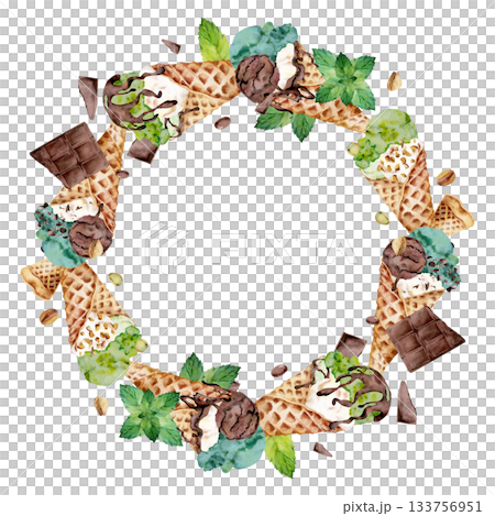 Gelato scoops with mint leaves, pistachio nuts, chocolate flecks in waffle cone. Isolated wreath frame illustration hand drawn in watercolor. Frozen dessert menu, planner sticker, party invitation. Gelato scoops with mint leaves, pistachio nuts, chocolate flecks in waffle cone. Isolated wreath frame illustration hand drawn in watercolor. Frozen dessert menu, planner sticker, party invitation. 133756951