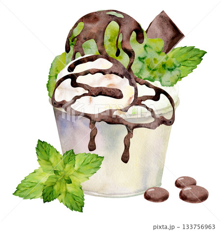 Creamy pistachio gelato in cup with mint leaves, chocolate candy beans, melted syrup drizzle. Isolated illustration hand drawn in watercolor. Sweet snack icon, artisan treat branding, DIY stationery. 133756963