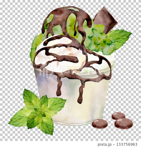 Creamy pistachio gelato in cup with mint leaves, chocolate candy beans, melted syrup drizzle. Isolated illustration hand drawn in watercolor. Sweet snack icon, artisan treat branding, DIY stationery. Creamy pistachio gelato in cup with mint leaves, chocolate candy beans, melted syrup drizzle. Isolated illustration hand drawn in watercolor. Sweet snack icon, artisan treat branding, DIY stationery. 133756963