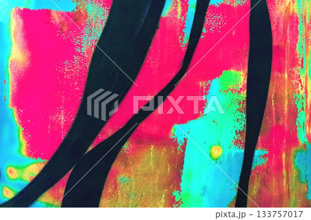 Neon Abstract Expression with Bold Black Streaks in Psychedelic Colors 133757017