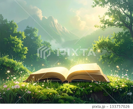草原に開かれた魔法の本|物語が始まるファンタジー世界のイラスト背景に 草原に開かれた魔法の本|物語が始まるファンタジー世界のイラスト背景に 133757026