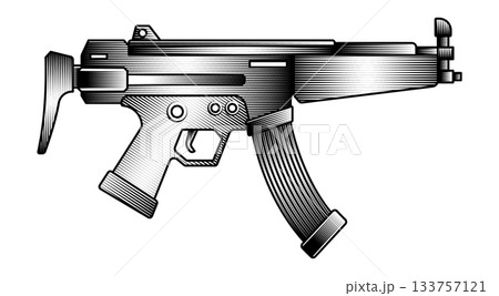 submachine gun rifle vintage woodcut style vector illustration of automatic weapon firearm in black and white monochrome etching for military army design submachine gun rifle vintage woodcut style vector illustration of automatic weapon firearm in black and white monochrome etching for military army design 133757121